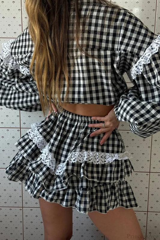 Romantic Lace Trim Plaid Two Piece Set