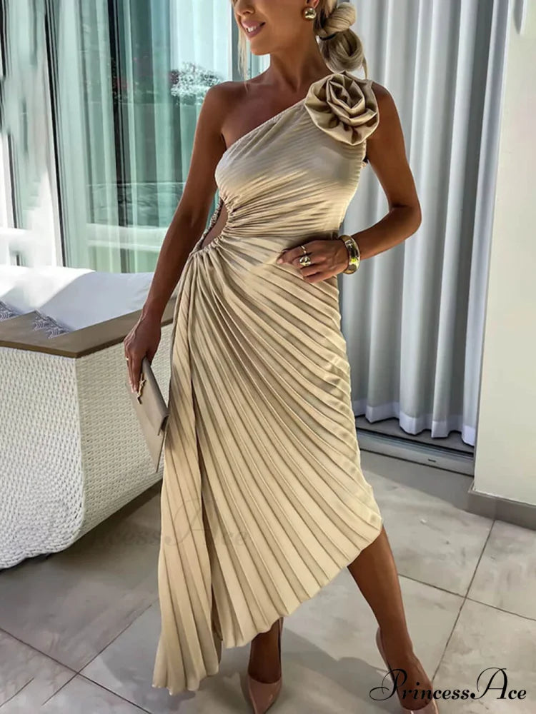 Romantic Night Guilloche Stretch Hollow Trendy One Shoulder Pleated Maxi Dress Beige / S