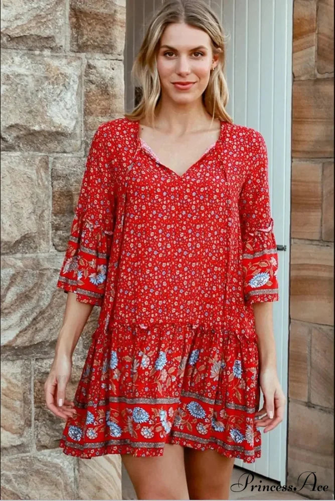 Rope Neck Frills Botanical Pattern Rayon Summer Mini Getaway Boho Dress bohodress-250126