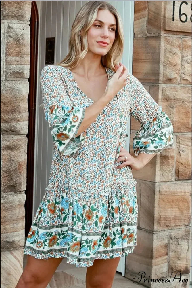 Rope Neck Frills Botanical Pattern Rayon Summer Mini Getaway Boho Dress bohodress-250126