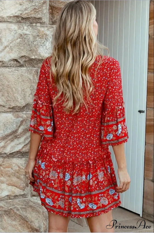 Rope Neck Frills Botanical Pattern Rayon Summer Mini Getaway Boho Dress Red / S bohodress-250126
