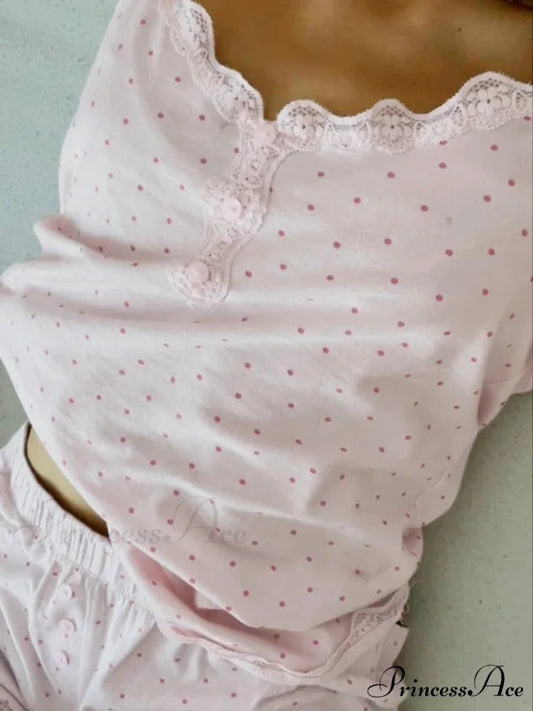 Rose-colored Pajamas Dotted Lace Trim Button Feature Camisole Micro Shorts Two Pieces Set twopiecesset-250126