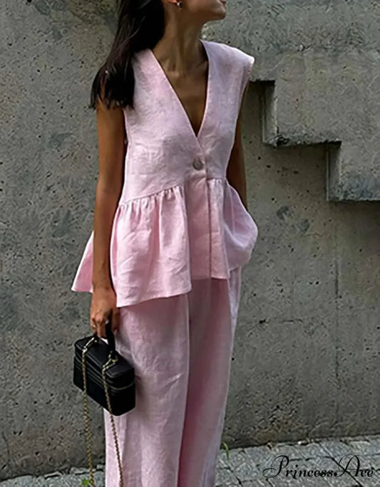 Rose Cotton Profound Plunge-Neck Trousers Office Two Piece Set officetwopieceset-250223