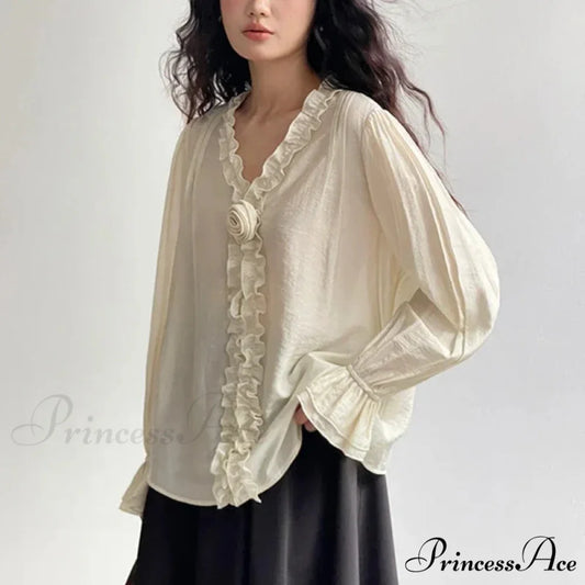 Rose Cotton Rayon Informal Extended Sleeve V-Neck Bohemian Top Beige / One Size bohoblouse-250126