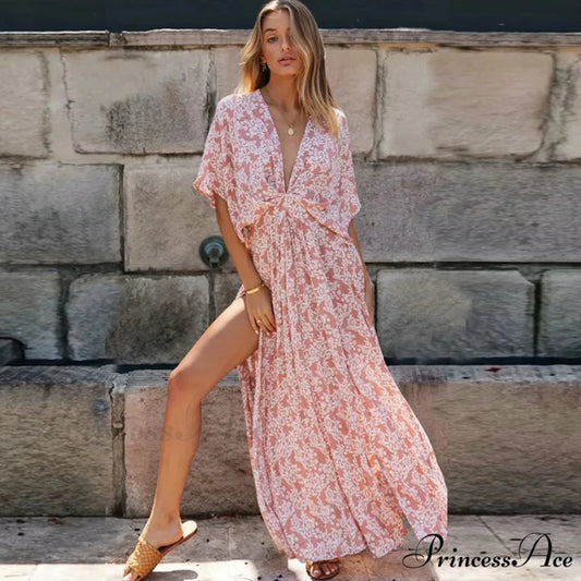 Rose Floral Maxi Dress Seductive Deep V-neck Side Split Boho Dress Pink / S bohodress-250126