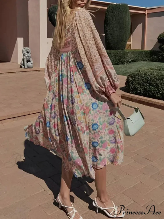 Rose Floral Quadrilateral Neckline Short Sleeve Bohemian Dress bohodress-250126