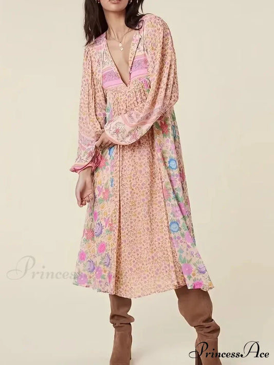 Rose Floral Quadrilateral Neckline Short Sleeve Bohemian Dress Pink / S bohodress-250126