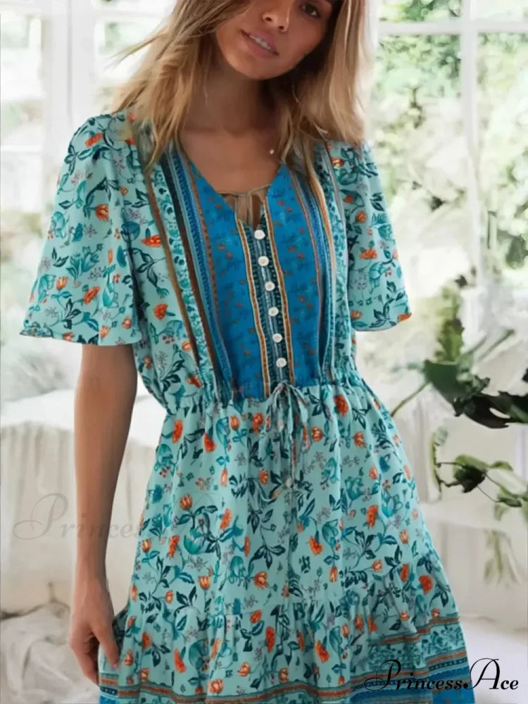Rose Floral Short Sleeve Baggy Plunging Neckline Mini Boho Dress Green / S bohodress-250126