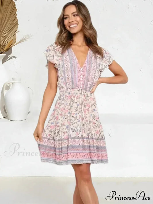 Rose Floral Short Sleeve Baggy Plunging Neckline Mini Boho Dress Pink / S bohodress-250126