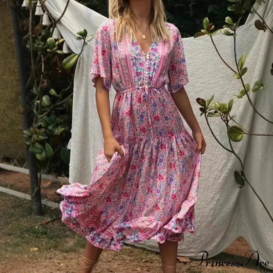 Rose Flower Pattern V-neck Fringe Rayon Holiday Maxi Boho Dress Pink / S bohodress-250126