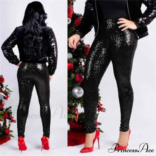 Rose Gold Sequin Slim Shiny Skinny Pencil Pants Black / S