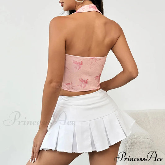 Rose Halter-neck Patterned Bandage Sleeveless Crop Top croptop-250126