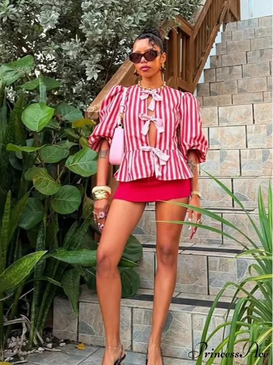 Rose Line Ribbon Lace Up Brief Blouse blouse-250223