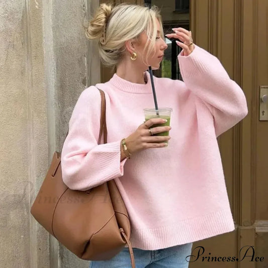 Rose O-neck Baggy Informal Pullover Jumper Pink / S swraters-241228
