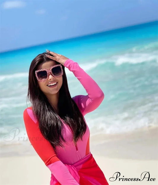 Rose Patchwork Zip Fastener One Piece Swimsuit pink / S onepiece-250223