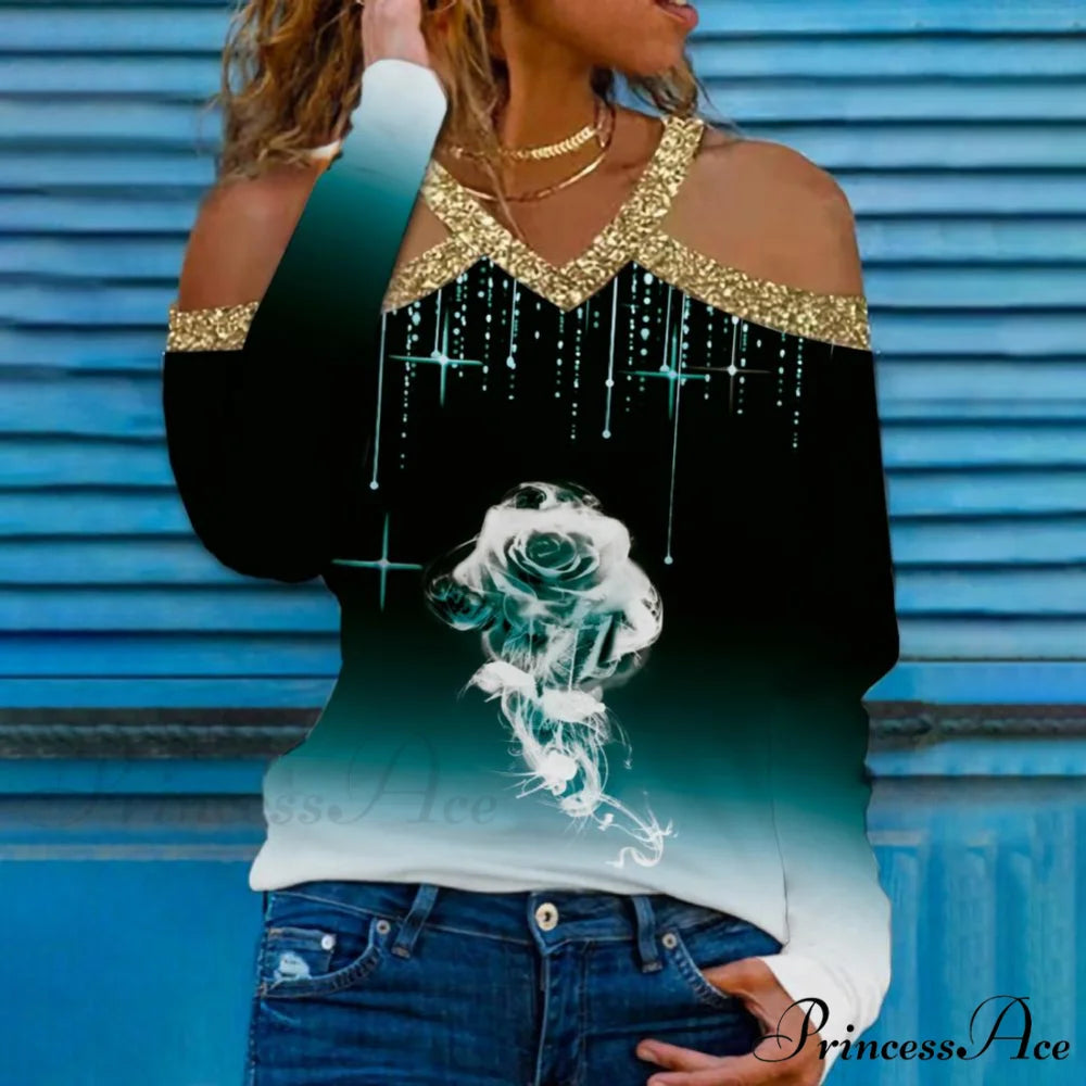 Rose Print Shiny Sequin Cold Shoulder Party Club Shirt