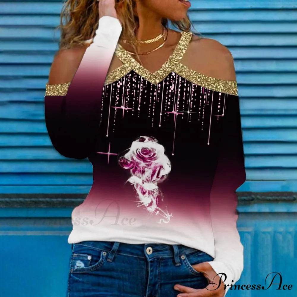 Rose Print Shiny Sequin Cold Shoulder Party Club Shirt