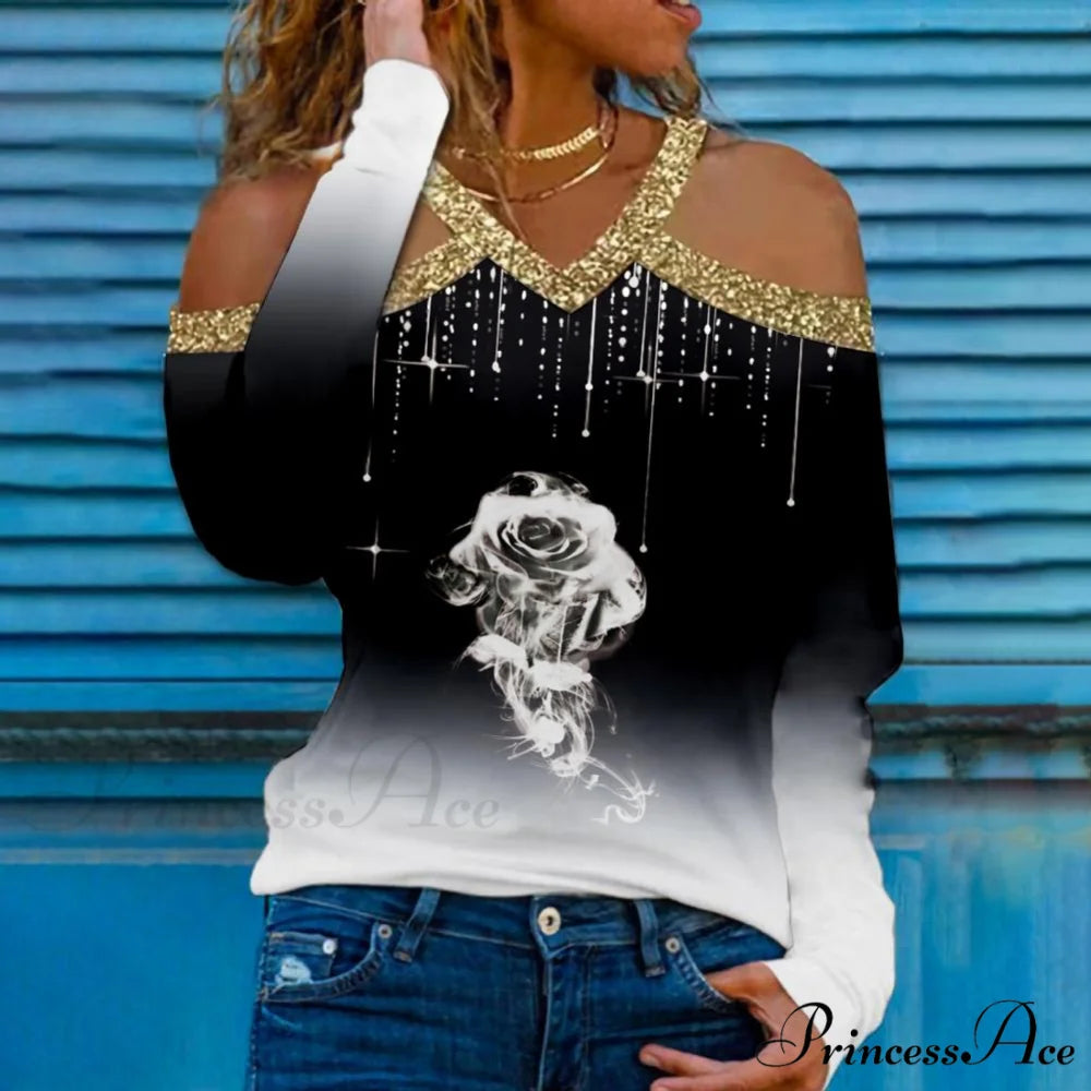 Rose Print Shiny Sequin Cold Shoulder Party Club Shirt