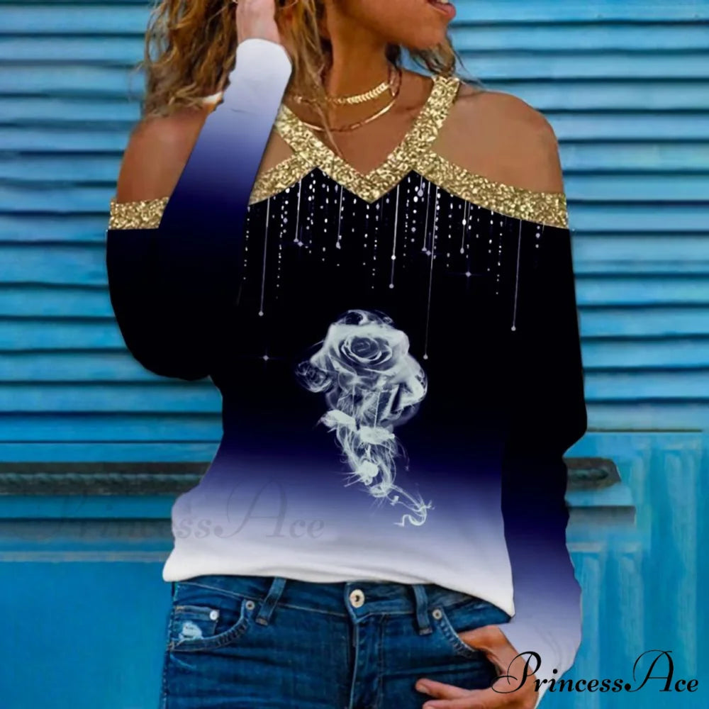 Rose Print Shiny Sequin Cold Shoulder Party Club Shirt