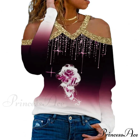 Rose Print Shiny Sequin Cold Shoulder Party Club Shirt Wine Red / M