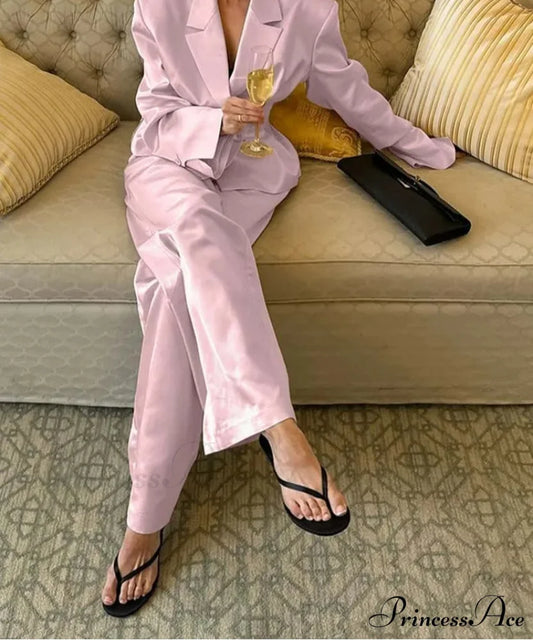 Rose Silk Notched Straight Pants Work Two Piece Set officetwopieceset-250223