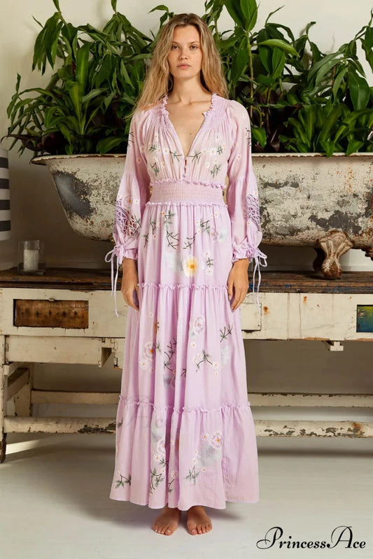Rose Stitched Botanical Bohemian Extended Sleeve Dress bohodress-250126