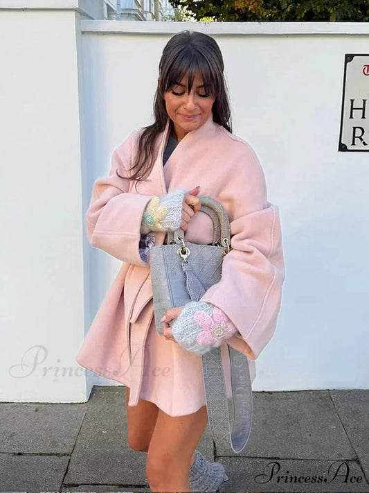 Rose V-neck Woolen Cinched Coat coats-241228