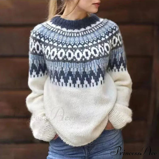Round Neck Casual Cozy Comfortable Loose Long Sleeve Stylish Autumnal Sweater WHITE / S