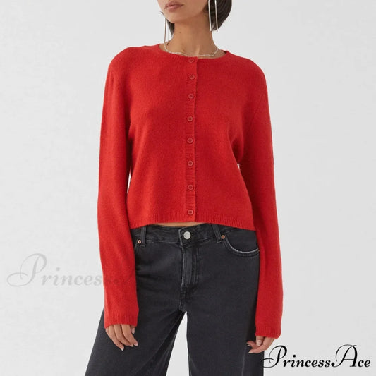 Round-neck Cropped Button Knitted Cardigan red / S cardigans-241228