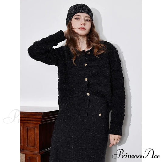 Round Neck Jacquard Embroidered Cardigan Black / S