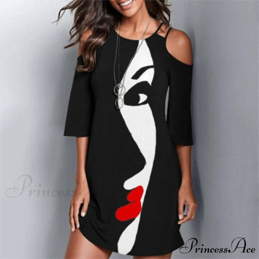 Round Neck Mask Printed Mini Dress black / S