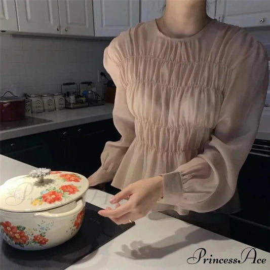 Round Neck Puff Extended Sleeve Pleated Top blouse-250223