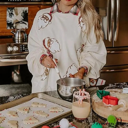 Round Neck Sequin Santa Pattern Loose Lantern Sleeves Christmas Hoodie Christmas Hoodies-L