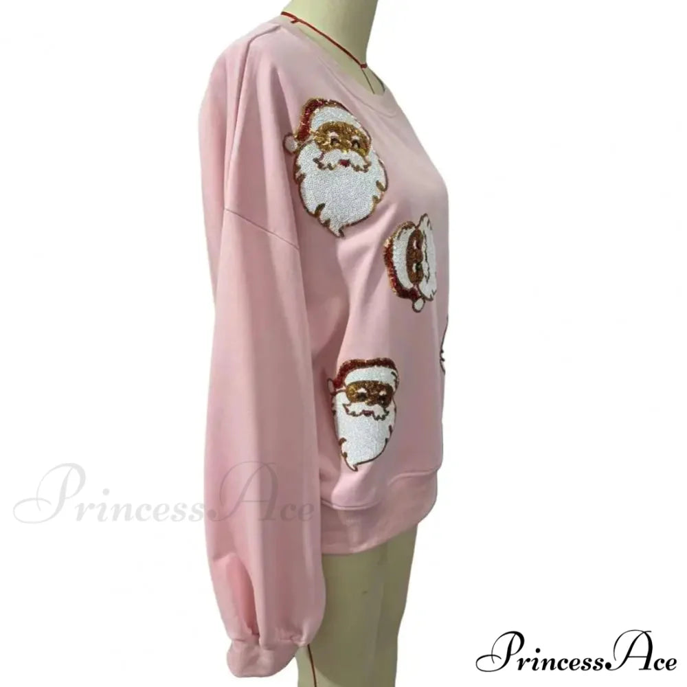 Round Neck Sequin Santa Pattern Loose Lantern Sleeves Christmas Hoodie Christmas Hoodies-L