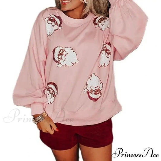 Round Neck Sequin Santa Pattern Loose Lantern Sleeves Christmas Hoodie Pink / S Christmas Hoodies-L