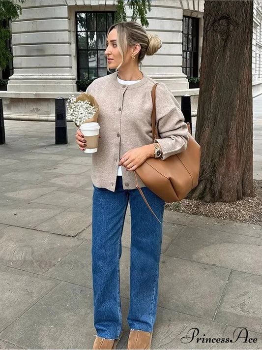 Round-neck Tan Single Buttoned Cardigan cardigans-241228