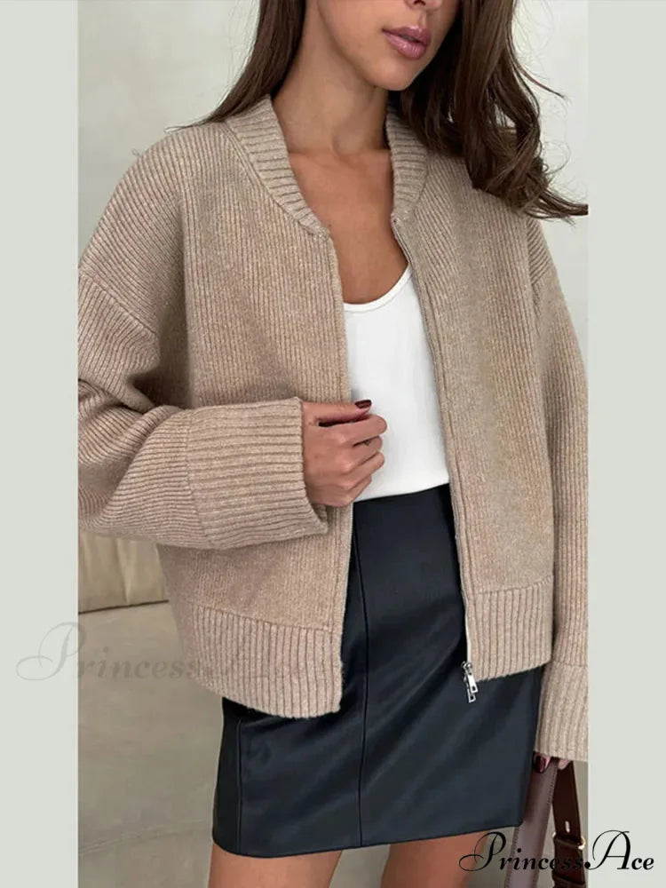 Round-neck Zipper Baggy Knit Cardigan cardigans-241228