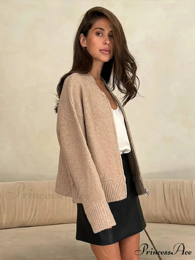 Round-neck Zipper Baggy Knit Cardigan cardigans-241228