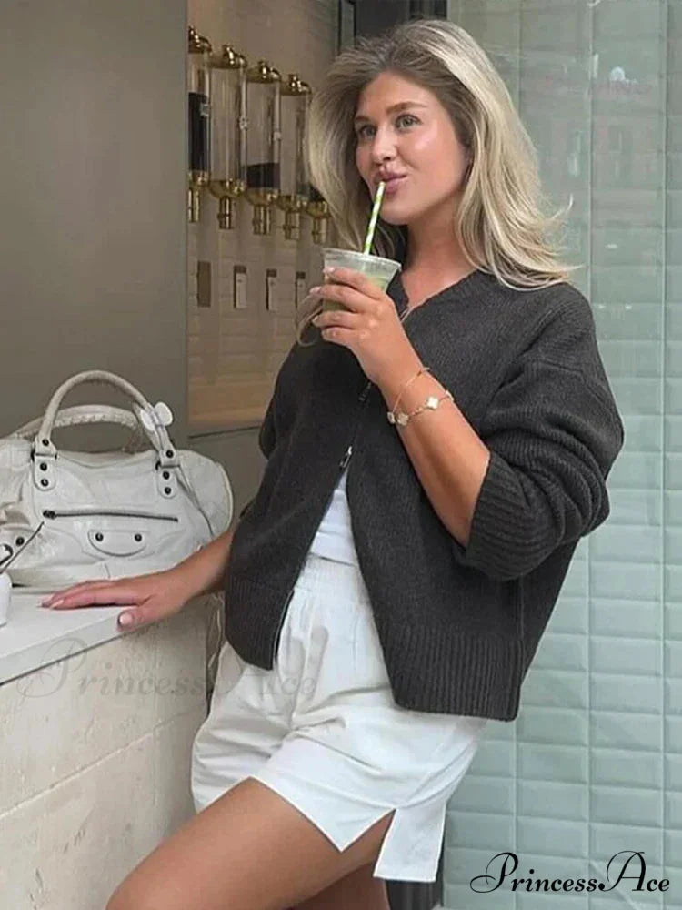 Round-neck Zipper Baggy Knit Cardigan cardigans-241228