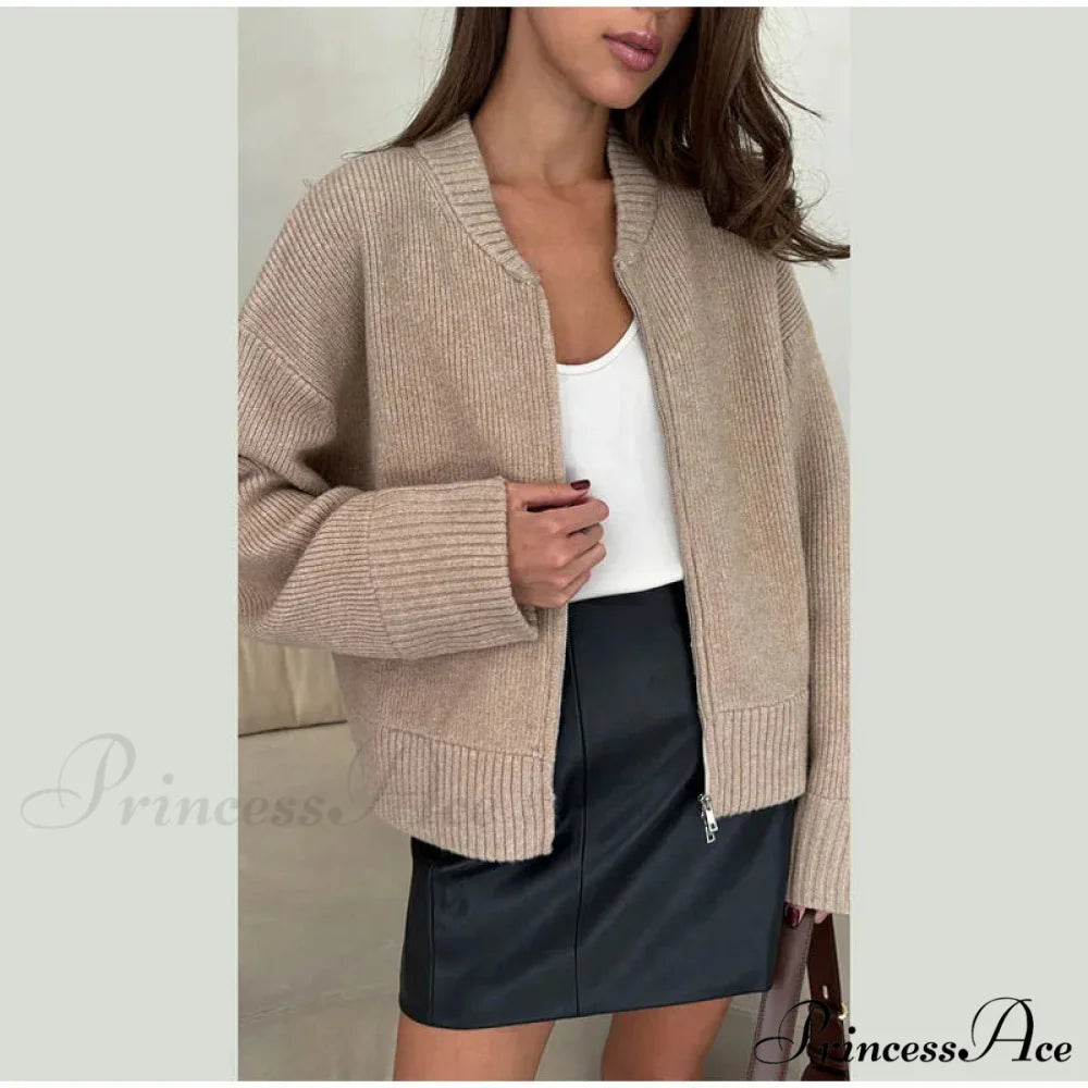 Round-neck Zipper Baggy Knit Cardigan khaki / S cardigans-241228