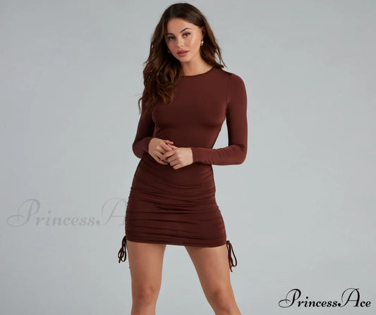 Ruched Babe Long Charming Sleeve Mini Dress BROWN / XS