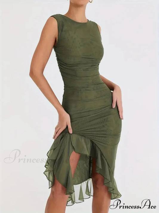 Ruched Backless Bodycon Dress with Ruffle Hem S / Green