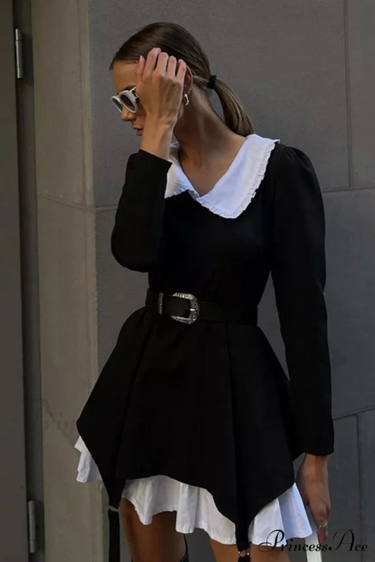 Ruched Fake Two-Pieces Dress with Doll Collar Black / S