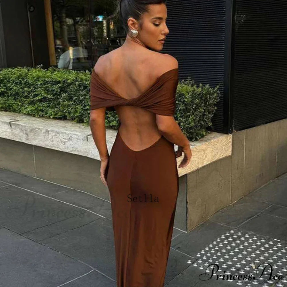 Ruched Off Shoulder Back Split Sexy Backless Maxi Dress