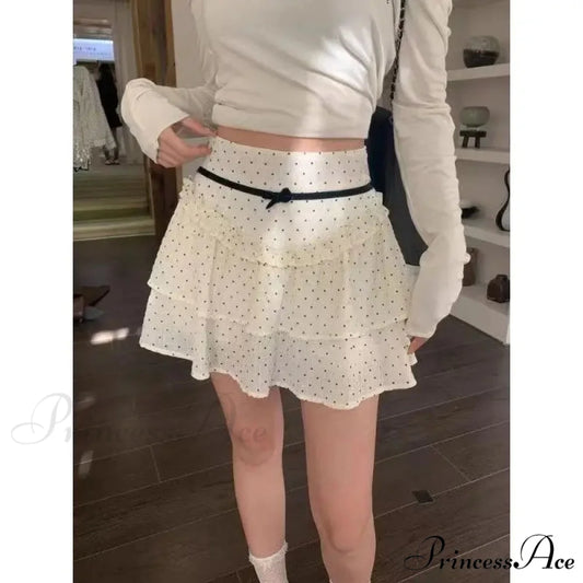 Ruffle Fairycore Lace Bow Layered Dot Skirt white / S