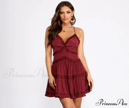 Ruffle Ride Stylish Skater Dress BURGUNDY / XS