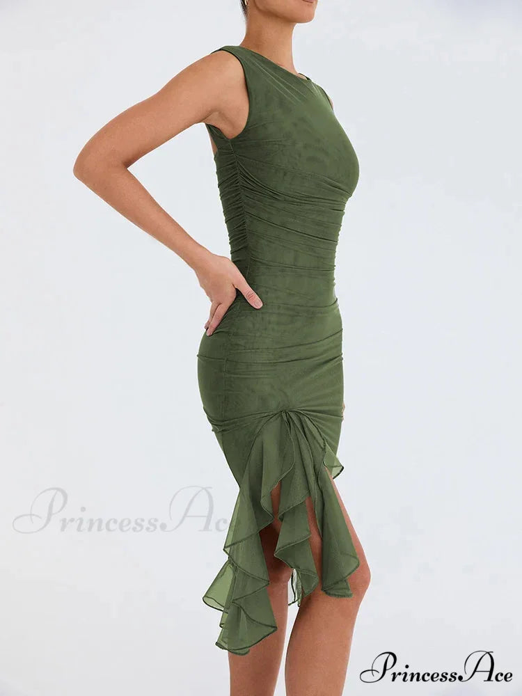 Ruffle Ruched Backless Sexy Maxi Dress
