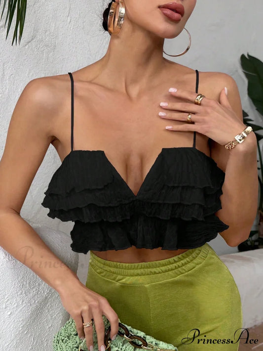 Ruffle Trim Crop Cami Top Black / XS