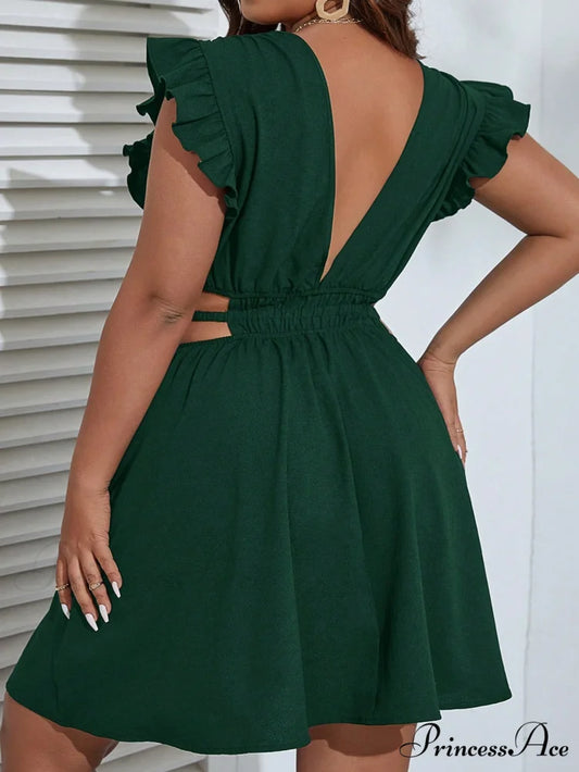 Ruffle Trim Cut Out Waist Dress