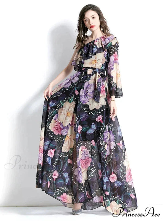 Ruffled Beach Print Dress with One-Shoulder S / PINK